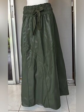 High-Waist Olive Green Faux Leather Maxi Skirt with Drawstring